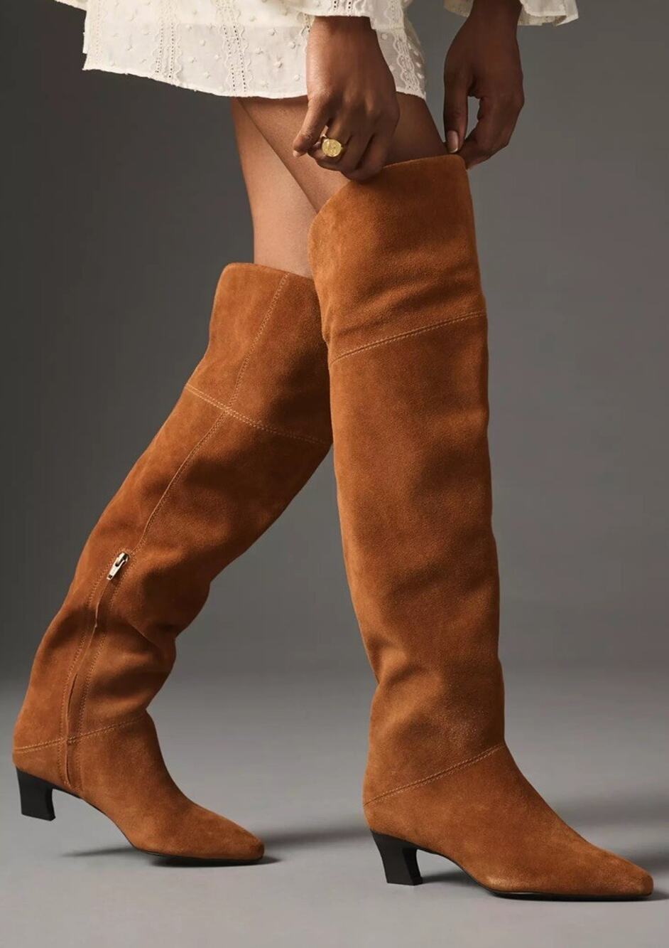 Intentionally Blank Deluca Over-The-Knee Boots Kitten Heel Cognac Brown Suede 5